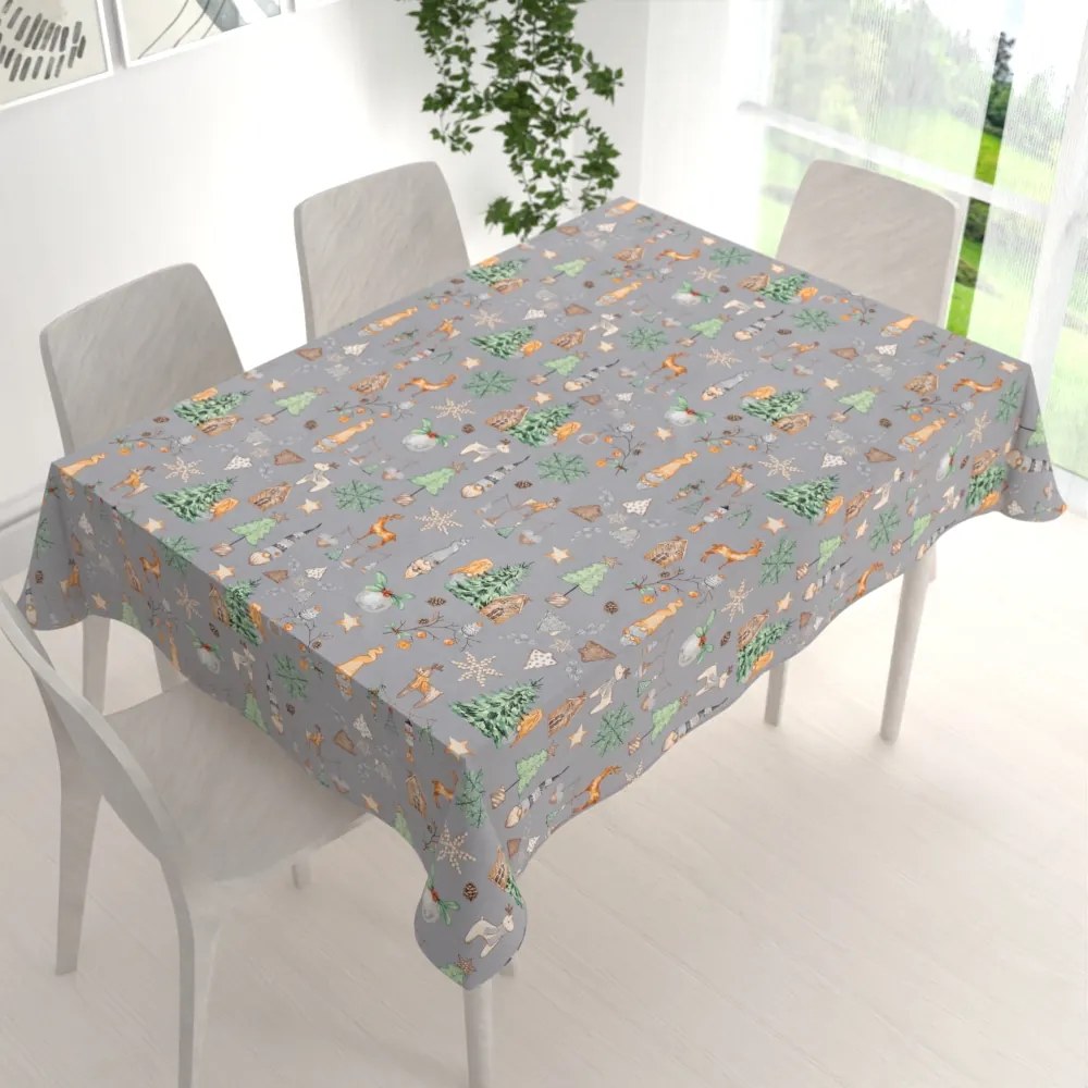 Biante Vianočný bavlnený obdĺžnikový obrus Sandra SA-509 Vianoční škriatkovia a ozdoby na sivom 60x100 cm