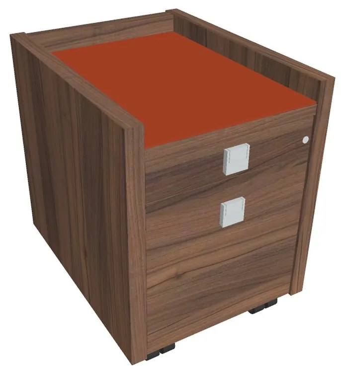 Mobilný kontajner Verno 47 x 60 cm so sklom, 2 zásuvky, orech / oranžová