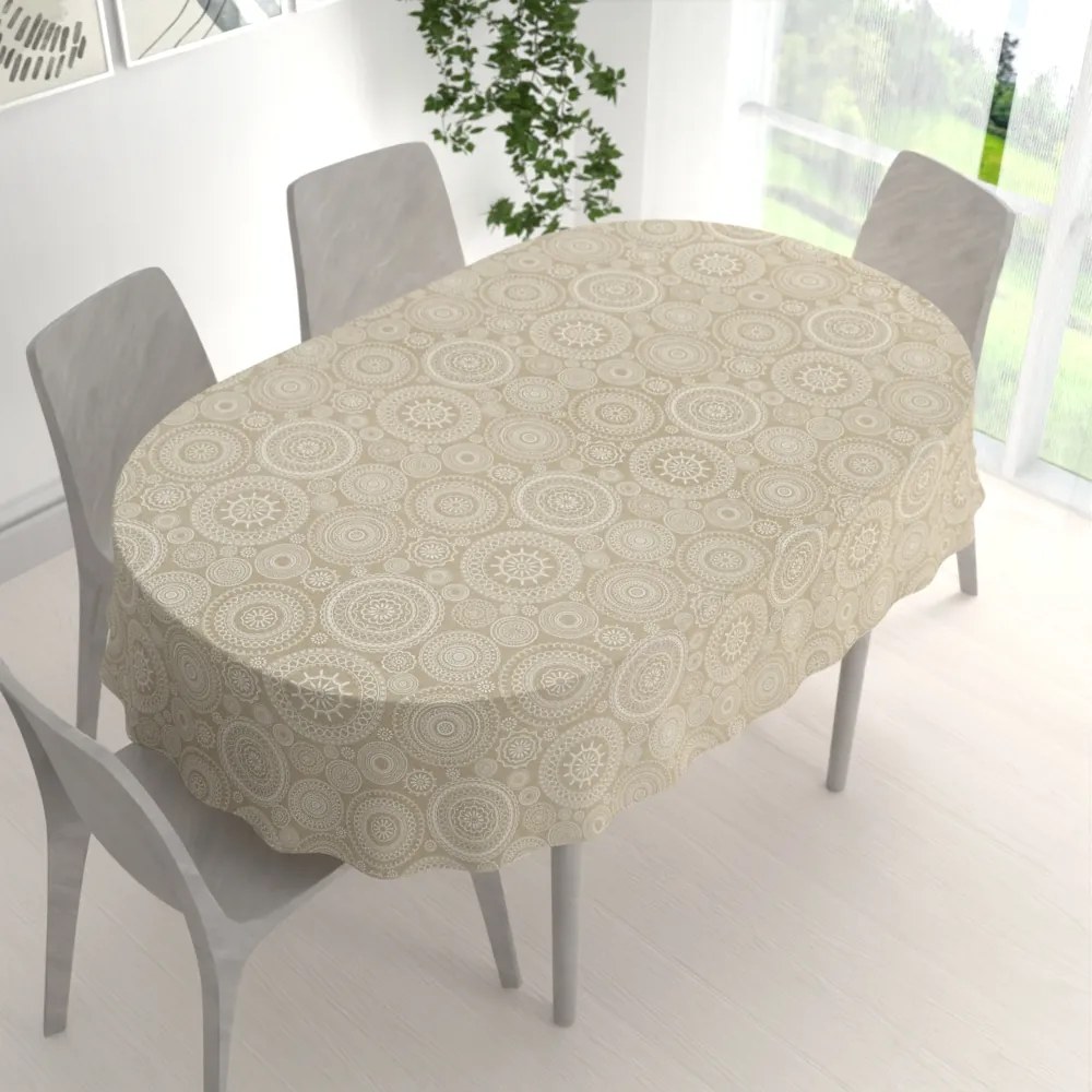 Biante Veľký dekoračný oválny obrus Leona LN-170 Biele mandaly na režnom 180x240 cm