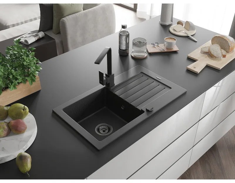 Mexen Pablo, granitový drez 752x436x161 mm, 1-komorový a čierna batéria Rita, čierna-strieborná metalíza, 6510-73-670300-70-B
