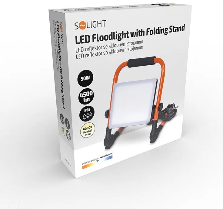 SOLIGHT LED prenosný reflektor 50W/230V/4000K/4500Lm/IP65, sklopný stojan