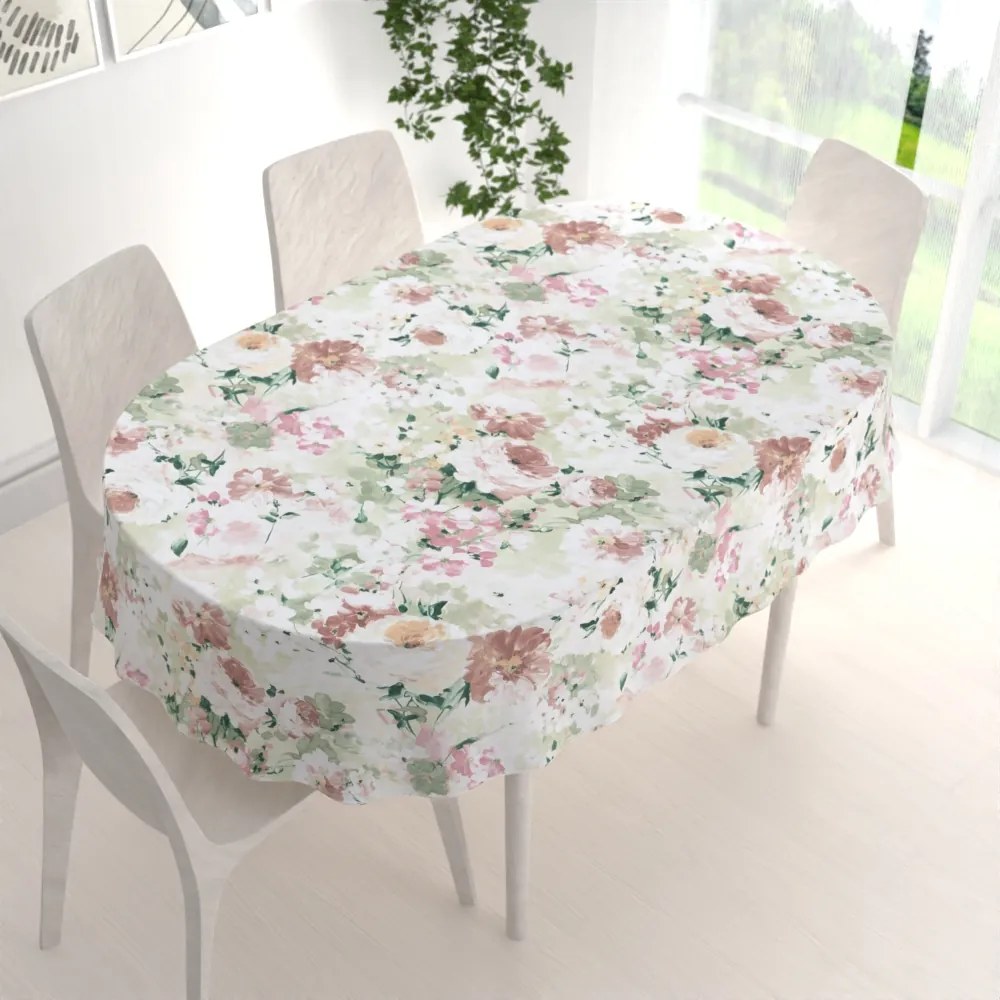 Biante Dekoračný oválny obrus PM-018 Maľované kvety na zelenom 140x180 cm