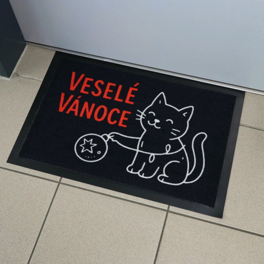Rohožka Veselé Vianoce s mačkou 40x60 cm, 40x60, čierna, Mercury Flooring