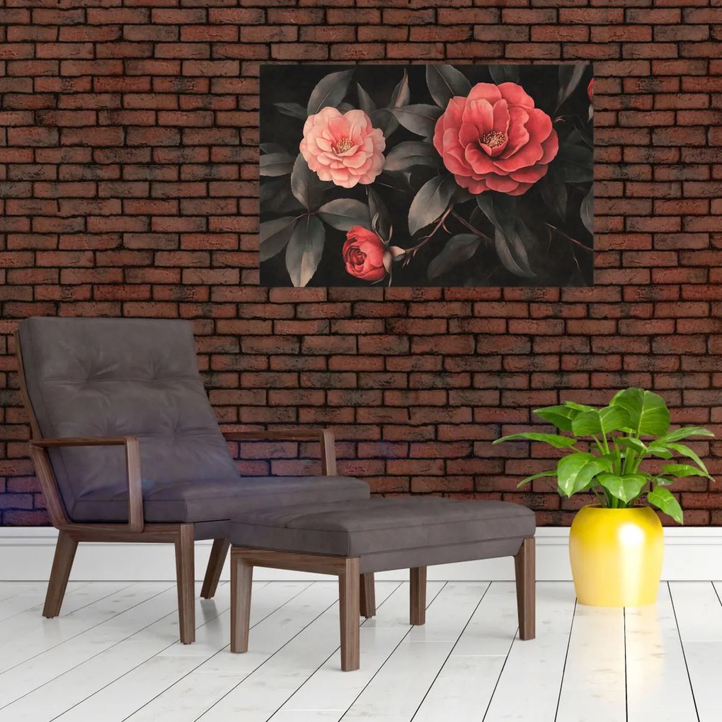 Obraz - Červené kvety na tmavom pozadí (90x60 cm)