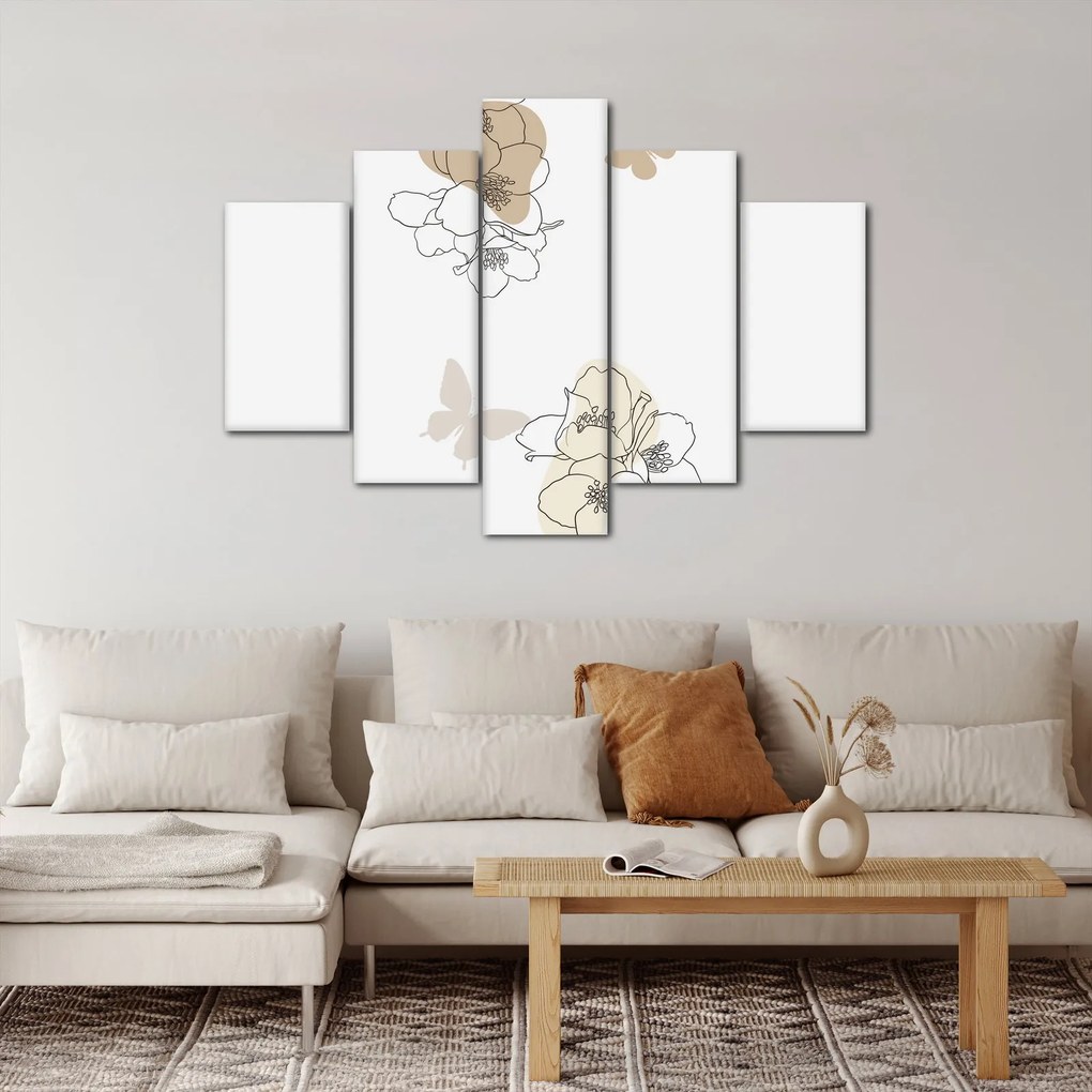 Obraz - Béžové kvety s motýľom N⁰2 (150x105 cm)