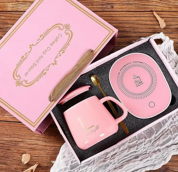 Sada keramického hrnčeka s elektrickým ohrievačom Lucky v darčekovom balení - pink