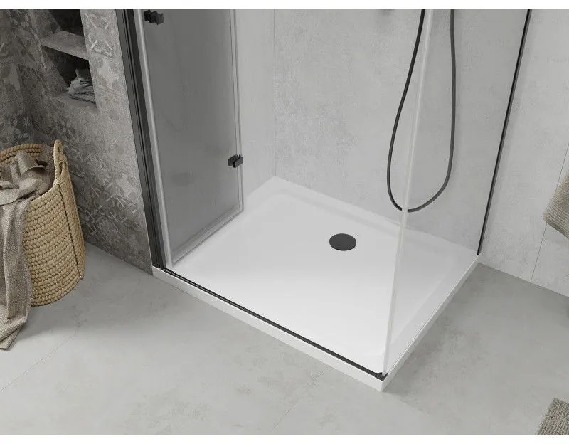 Mexen Lima, sprchovací kút so skladacími dverami 80 (dvere) x 120 (stena) cm, 6mm číre sklo, čierny profil + slim sprchová vanička biela s čiernym sifónom, 856-080-120-70-00-4010B