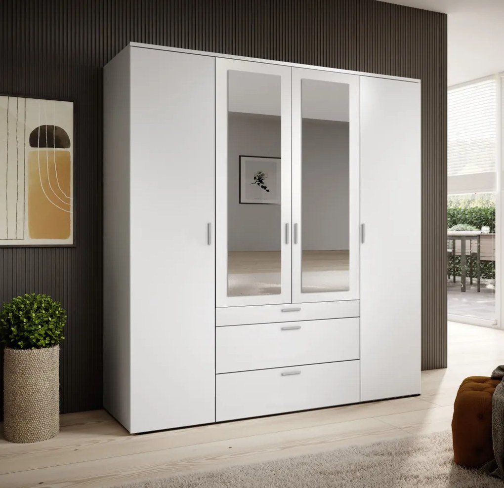 Šatníková skriňa so zrkadlami Vesala, 180 cm, biela