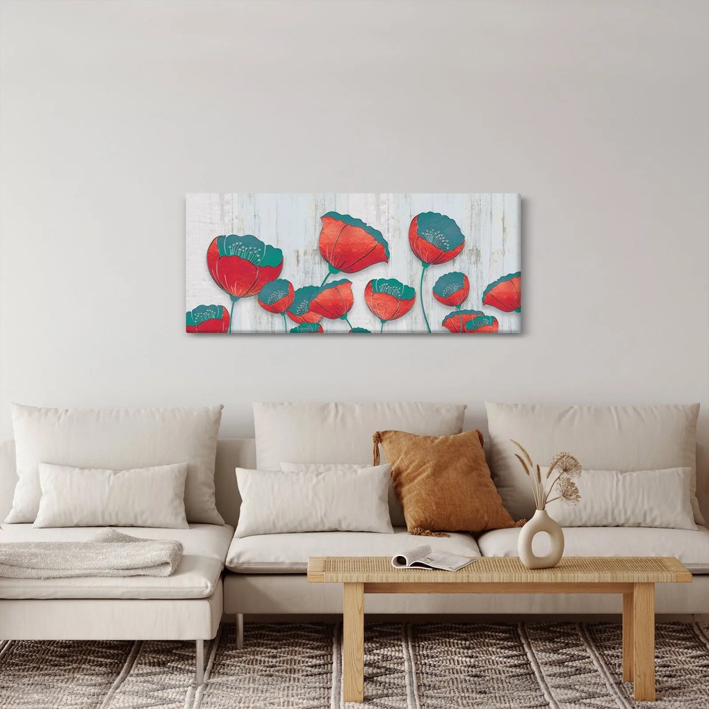 Obraz - Vlčie maky - petrolej (120x50 cm)