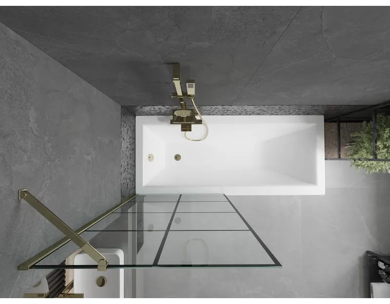 Mexen Next, vaňová zástena 1-krídlová 80 x 150 cm, fixné krídlo, 6 mm číre sklo s čiernym vzorom, zlatý profil, 895-080-000-00-77-50