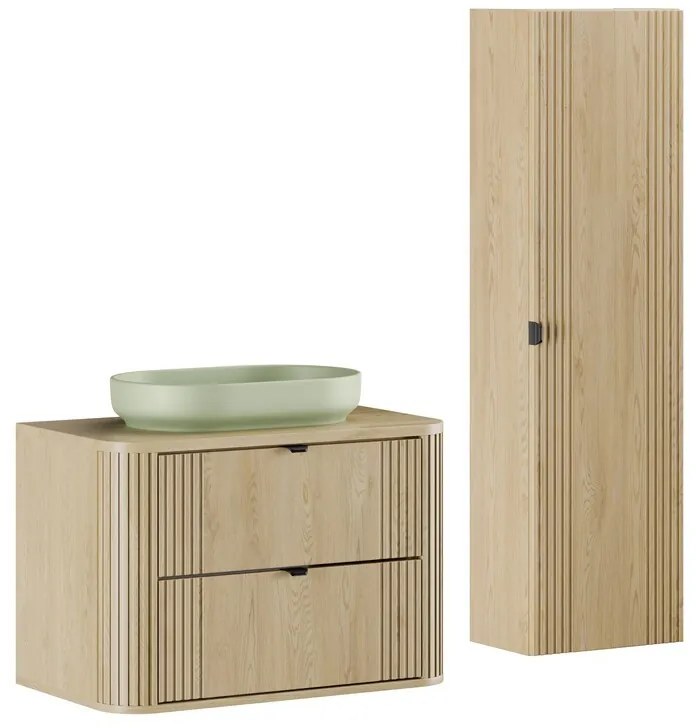 Kúpeľňová zostava Ovalia River s doskou, umývadlom a skrinkami 80 cm dub Cremona