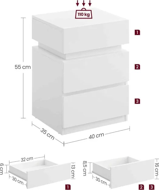 Nočný stolík s LED osvetlením, biely ANT-E1163 WT