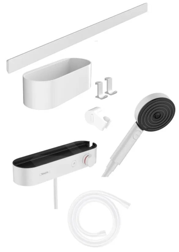 Hansgrohe WallStoris, Set sprchovej hlavice 105, 3 prúdy, termostatu a kúpeľňových doplnkov, matná biela, HAN-24250700