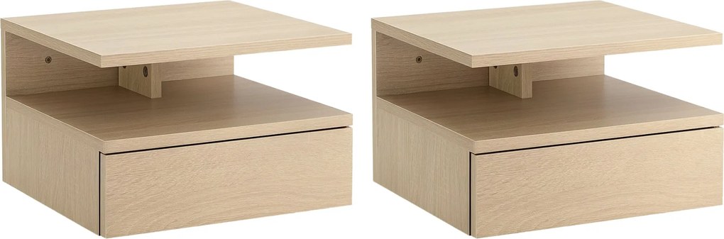 HOMCOM Sada 2 Závesných Nočných Stolčekov s 1 Šuflíkom a Otvorenou Poličkou do Spálne 35x32x22.5 cm Dub | Aosom