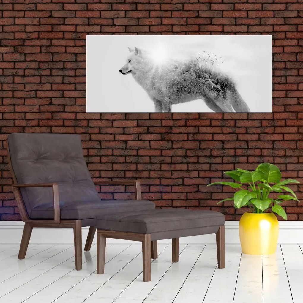 Obraz - Arktický vlk zrkadliaci divokú krajinu, čiernobiely (120x50 cm)