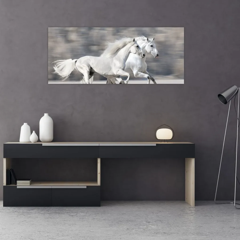 Obraz - Biele kone v zime (120x50 cm)