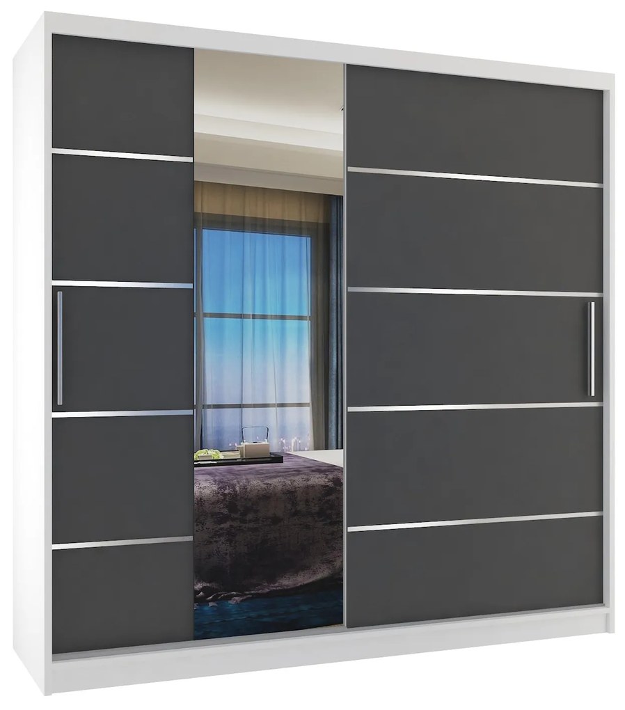 Šatníková skriňa 200 cm Belini biela mat / šedý mat s posuvnými dverami zrkadlom a zásuvkami  MBP SZP5/1/W/SR/0/KLAL