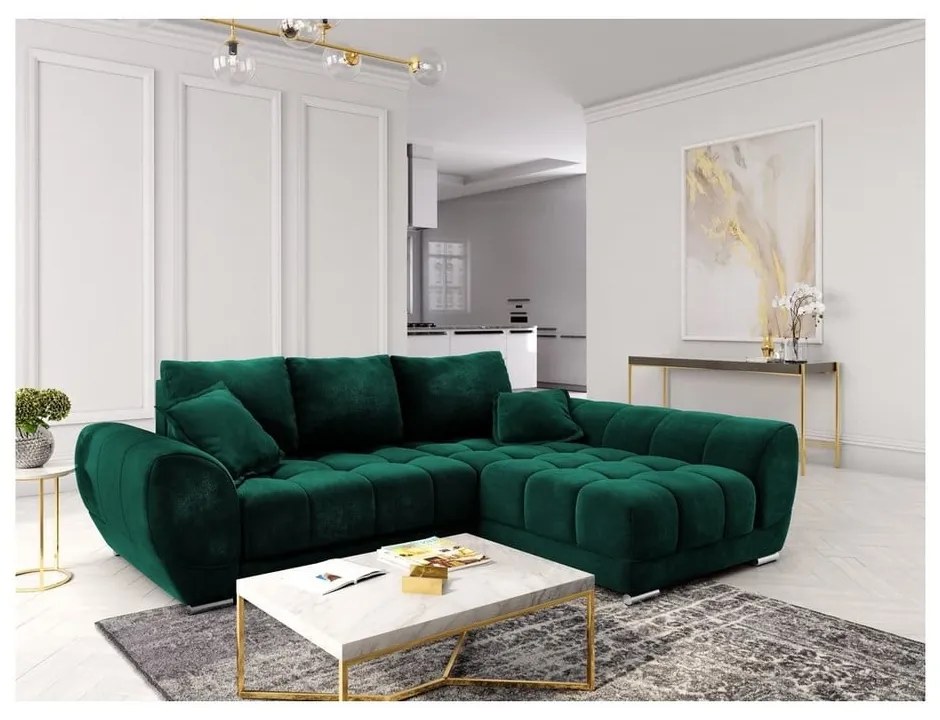 Tmavozelená rozkladacia rohová pohovka so zamatovým poťahom Windsor & Co Sofas Nuage, pravý roh