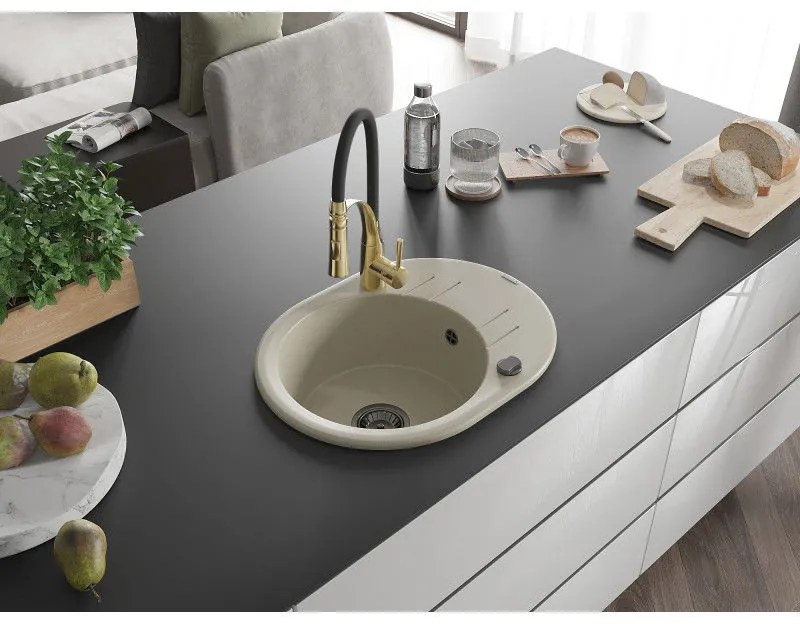 Mexen Kevin, 1-komorový granitový drez 586x458x190 mm a drezová batéria Aster, béžová, 6517-69-73450-57-B