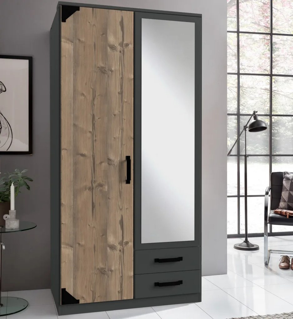 Šatníková skriňa so zrkadlom Bochum, 90 cm, grafit/jedľa
