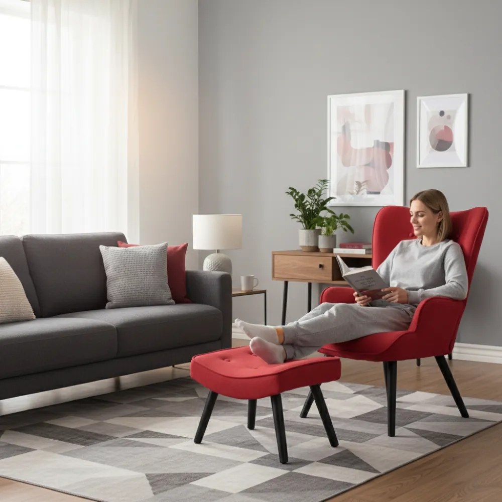 Kreslo ušiak CORDU + taburet — masív, látka, čierna / červená