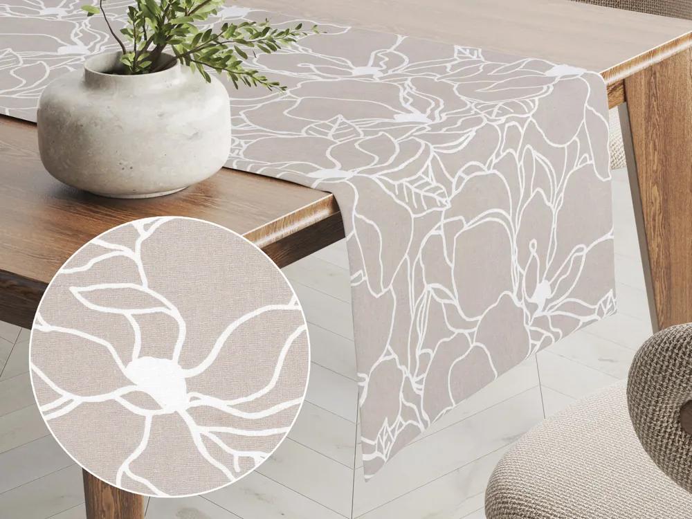 Biante Bavlnený behúň na stôl Sandra SA-270 Biele designové kvety na béžovom 20x180 cm