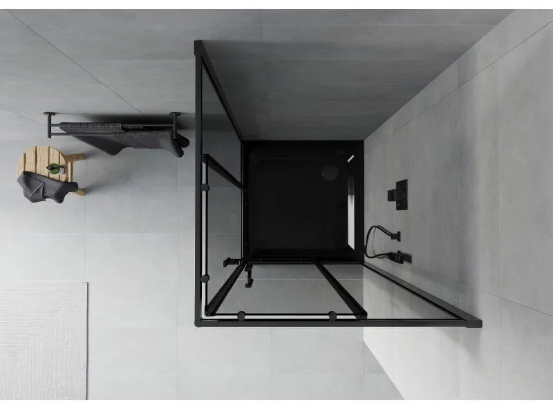Mexen Rio, štvorcový sprchovací kút s posuvnými dverami 70(dvere) x 70(dvere) x 190 cm, 6mm šedé sklo, čierny profil + čierna sprchová vanička SLIM, 860-070-070-70-40-4070B