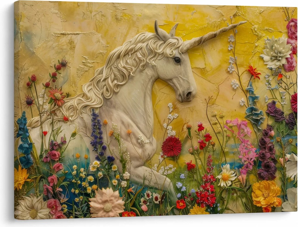 Obraz - Jednorožec s kvetinami (70x50 cm)