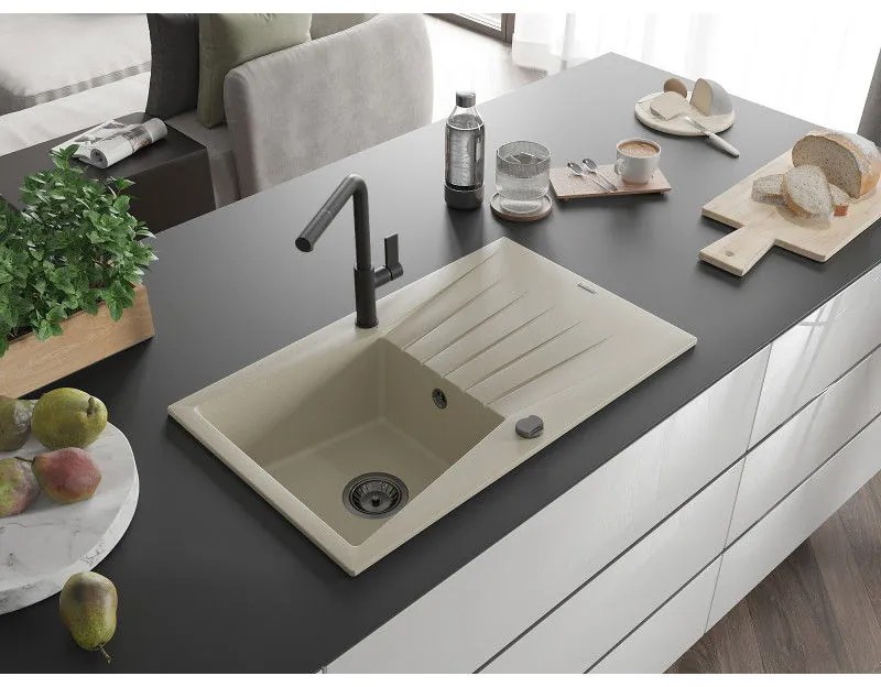 Mexen Cesar, 1-komorový granitový drez 775x470x190 mm a drezová batéria Flora, béžová, 6514-69-670401-70-B