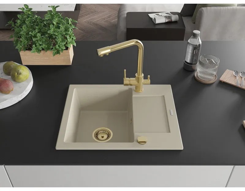 Mexen Enzo, granitový drez 576x465x174 mm, 1-komorový, zlatá lesklá batéria Duero, béžová, 6506-69-671600-50