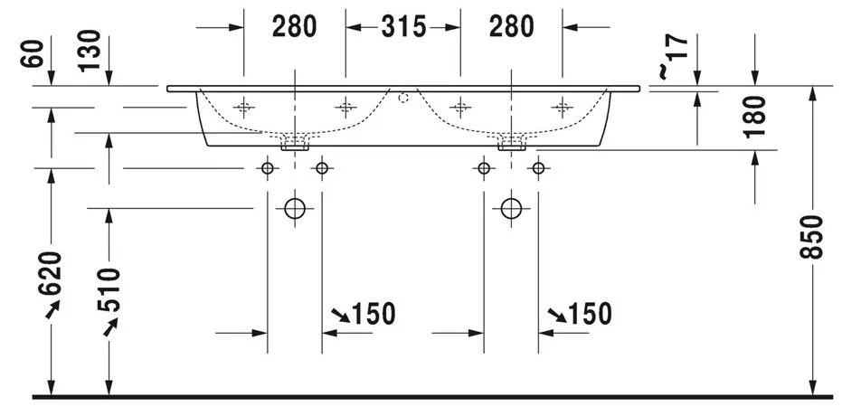 Duravit ME by Starck - Dvojumývadlo do nábytku 1300x490 mm, s prepadom, biela 2336130000