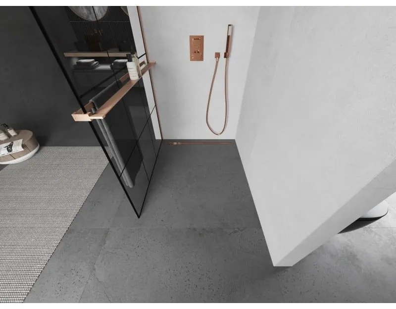 Mexen Kioto+ L, sprchová zástena Walk-In s poličkou a vešiakom 120 x 200 cm, 8mm číre sklo čierny vzor, medený matný profil, 800-120-123-65-77