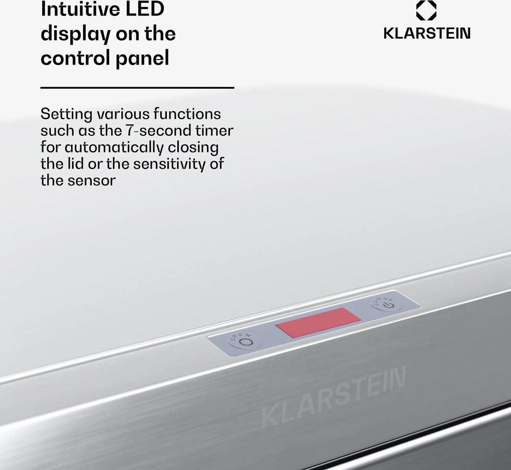 Klarstein Touchless, senzorový odpadkový kôš, 60 l, z nehrdzavejúcej ocele, Soft-Close zatváranie, napájaný batériou, LED displej, časovač