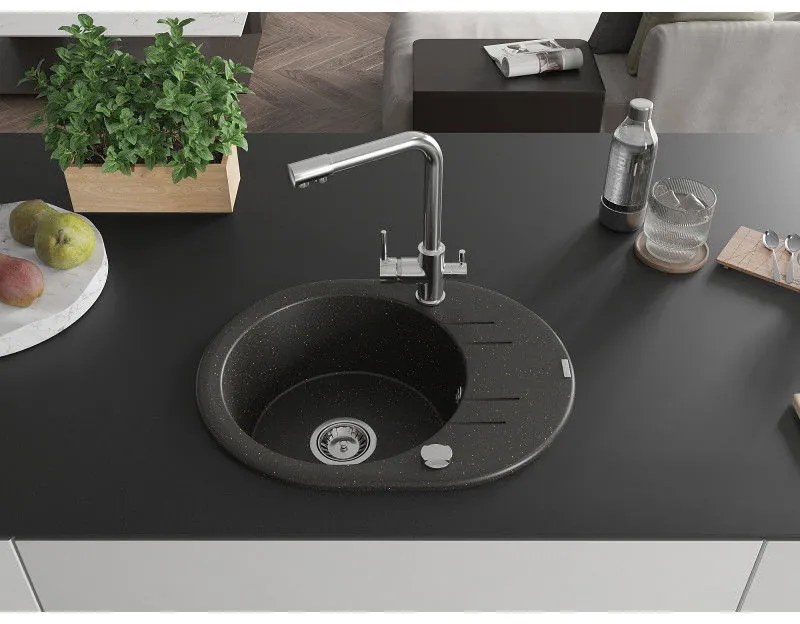 Mexen Kevin, drez granitový 586x458x190 mm, 1-komorový a chrómová Duero batéria, čierna - zlatá metalíza, 6517-75-671600-00