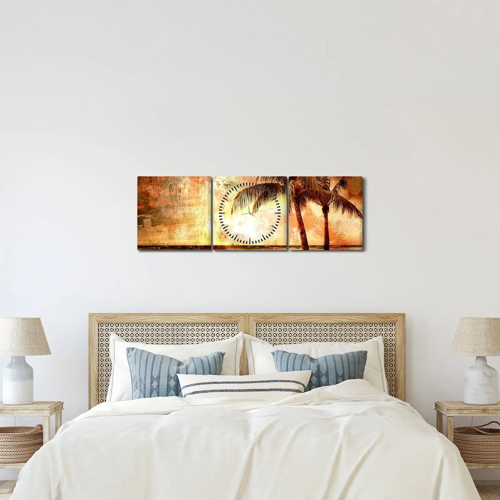 Obraz - Palmy na pláži (s hodinami) (90x30 cm)
