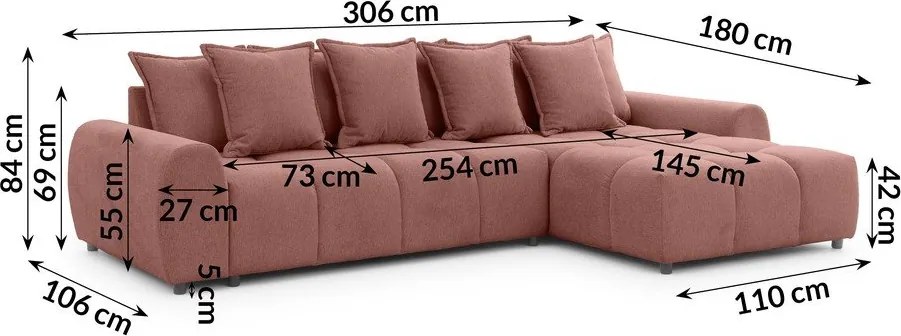 Rohová pohovka v terakotovej farbe (pravý roh/s leňoškou) Albane – Ropez