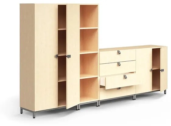 Skriňa QBUS + 4 priehradky + 4 zásuvky, na nožičkách, 1636x2800x420 mm, strieborná, breza