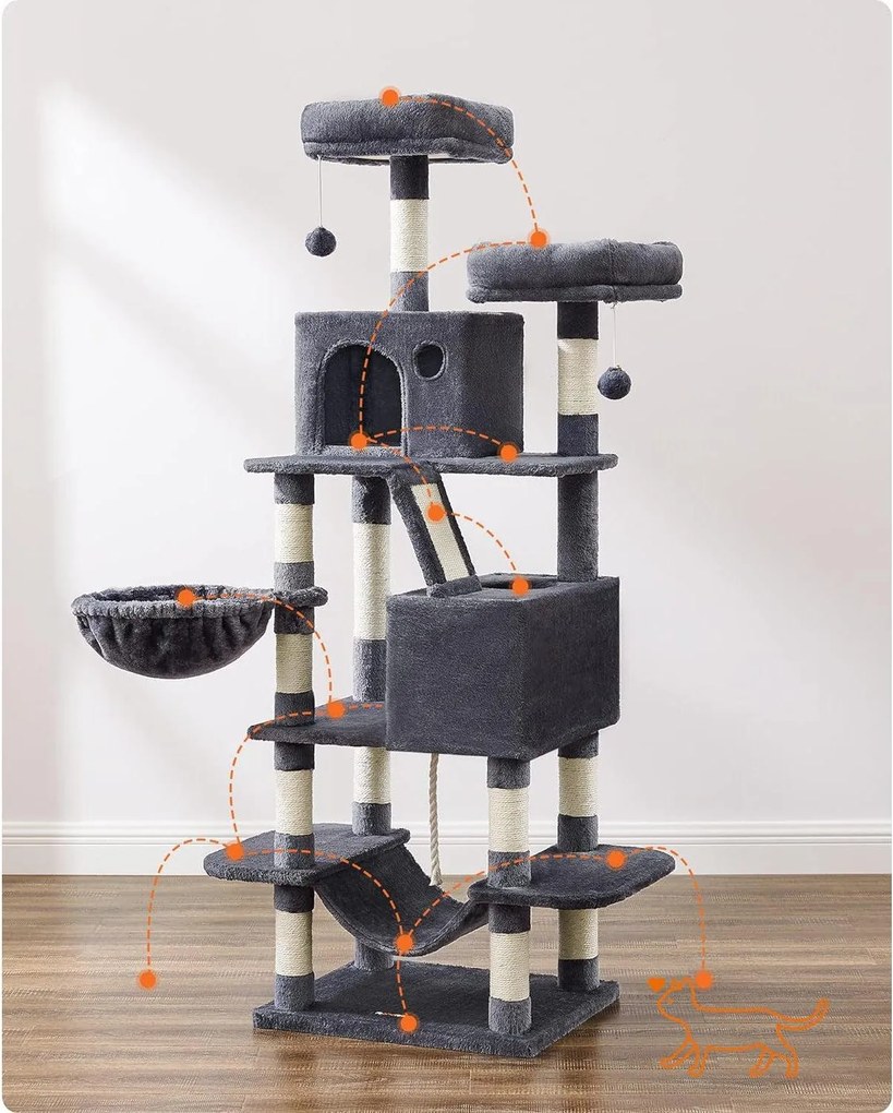 Veľké škrabadlo pre mačky, 168 cm vysoké, mačací strom L, dymovo sivé