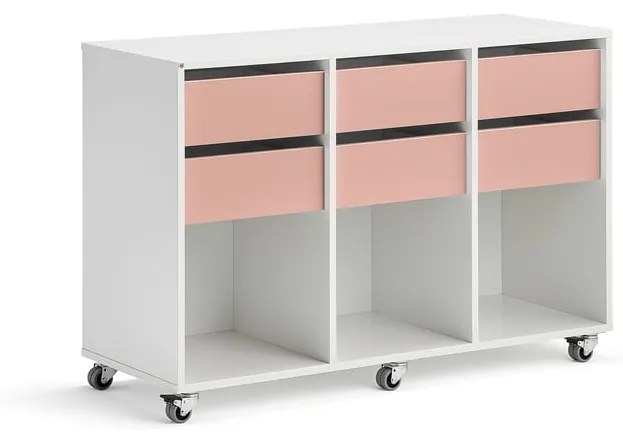 Úložná skriňa CASPER, 6 zásuviek, 3 priehradky, biela, tmavoružová