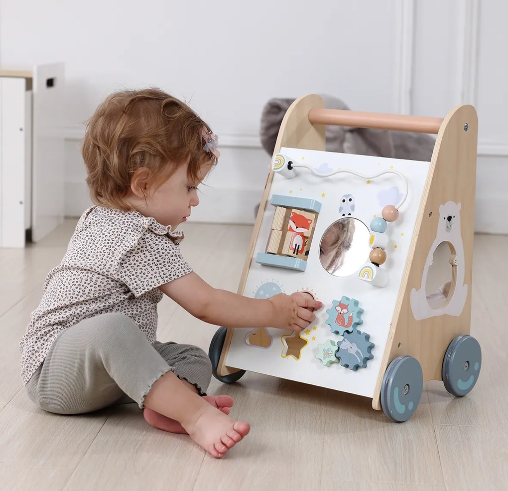 MULTISTORE Drevené chodítko ECOTOYS pre deti 18+ mes. – edukačné s kockami a pohyblivými prvkami