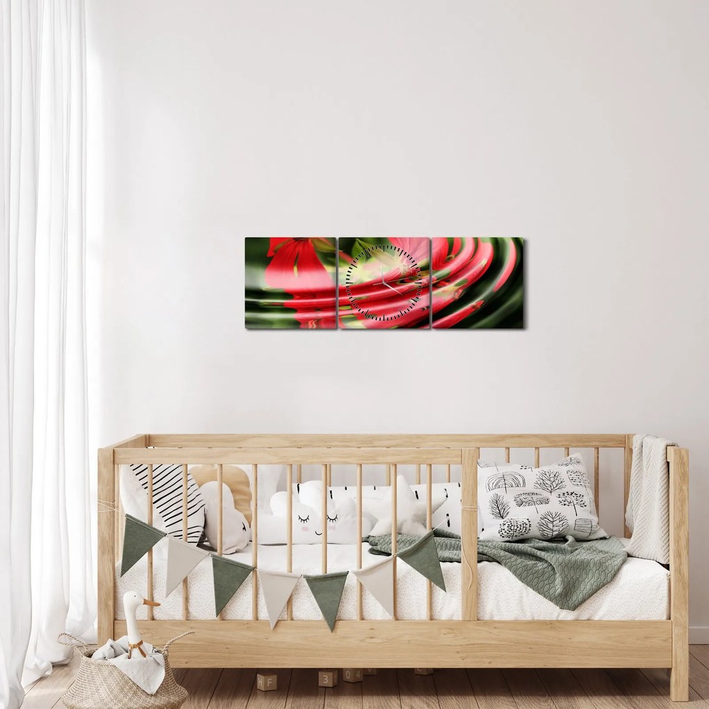 Abstraktný obraz - kvety vo vlnách (s hodinami) (90x30 cm)