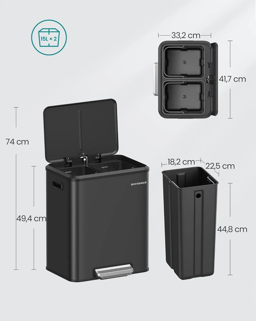 Kuchynský odpadkový kôš SONGMICS, 2 x 15 l, oceľ, čierna farba