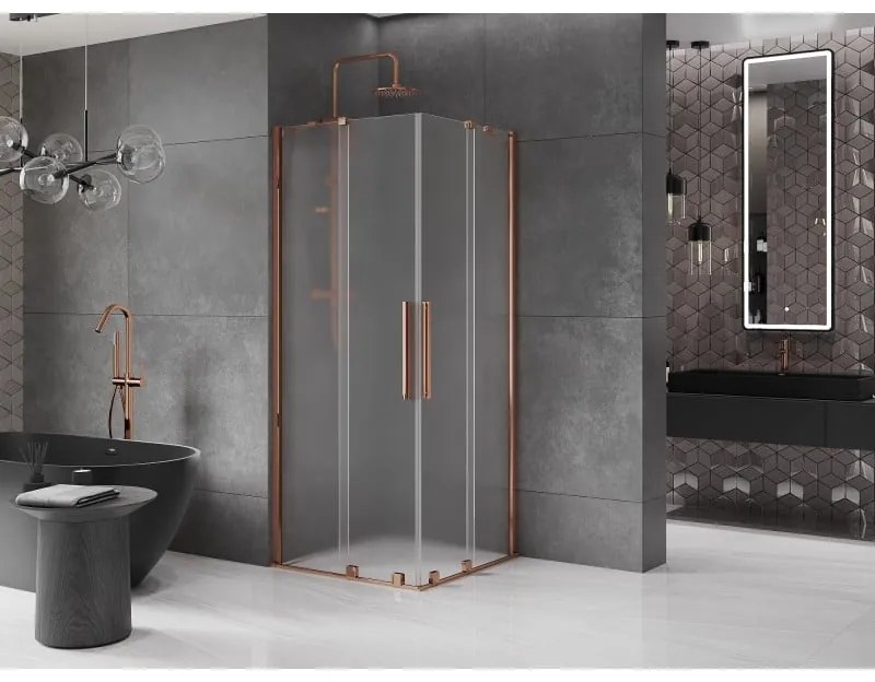Mexen Velar Duo, sprchový kút s posuvnými dverami 90 x 90 cm, 8mm sklo námraza, ružové zlato, 871-090-090-32-60