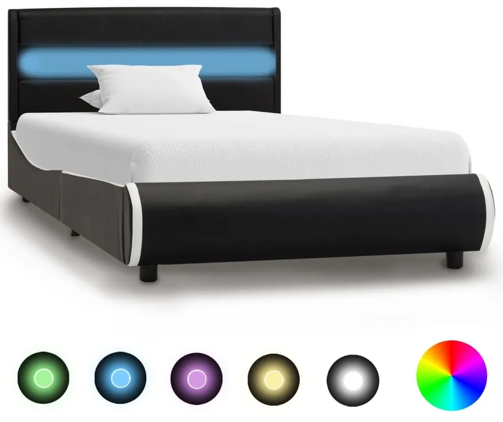 vidaXL Posteľný rám s LED, čierny, umelá koža 90x200 cm
