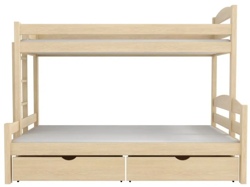 Detská poschodová posteľ z masívu borovice s rozšíreným spodným lôžkom SAVANA so šuplíkmi - 200x90/140 cm - PRÍRODNÁ BOROVICA