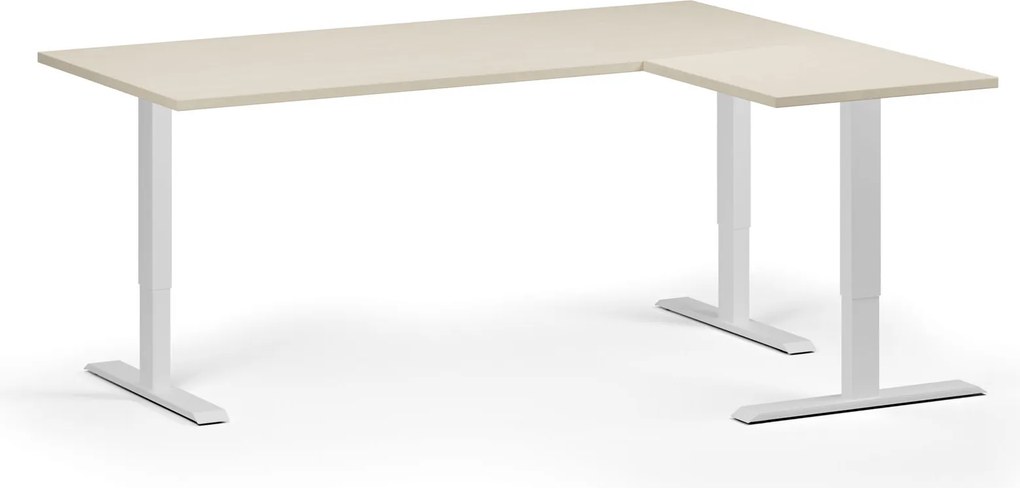 Výškovo nastaviteľný stôl, 180x140 cm, 3 motory, L/P, biela podnož, breza