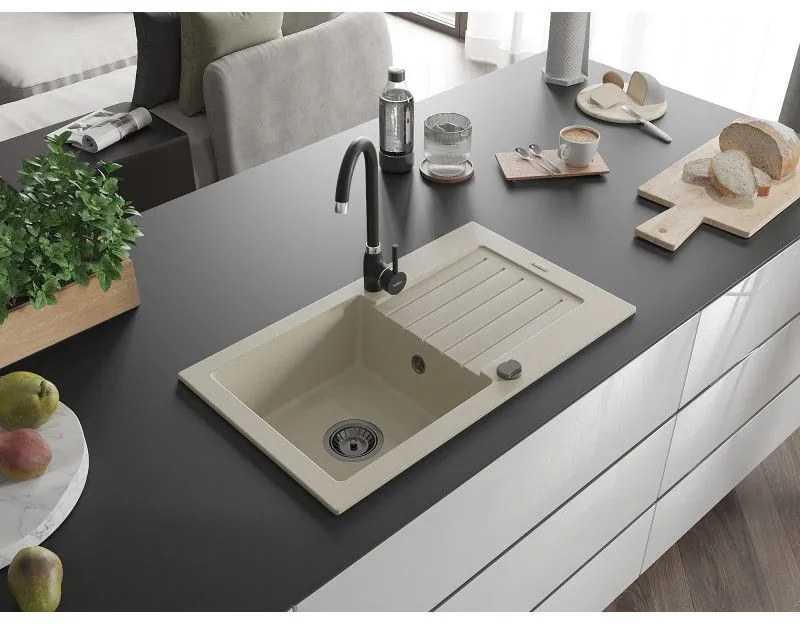 Mexen Pablo, granitový drez 752x436x161 mm, 1-komorový a čierna batéria Telma, béžová, 6510-69-670200-70