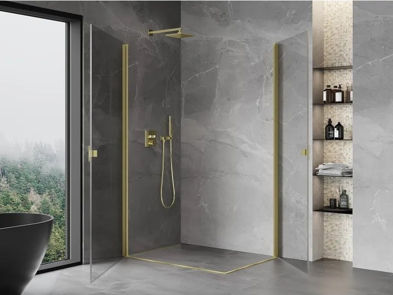 Mexen Mist-B Duo, 2-krídlový výklopný sprchový kút 95 x 90 cm, číre sklo, zlatý matný profil, 8A2-095-090-55-00