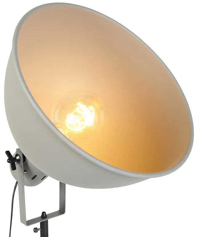 Priemyselná stojaca lampa na drevenom trojnohom stojane s sivým tienidlom - Laos