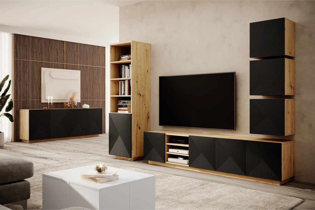 TV stolík Asha 200 cm s ryhovaným čelom - artisan / čierny mat